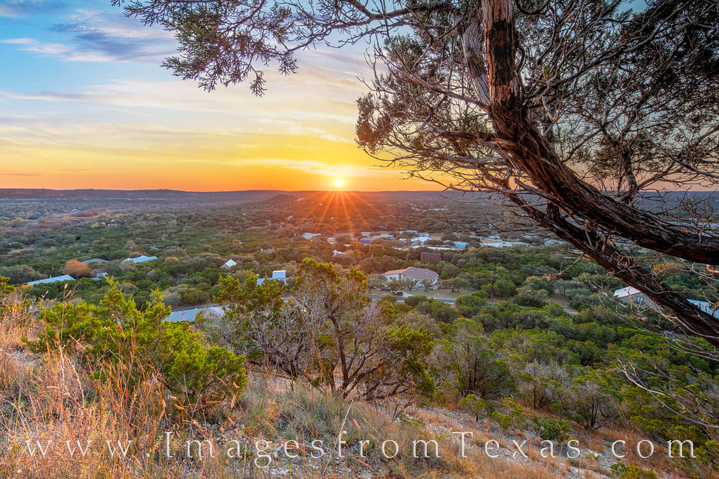 Atop Old Baldy in Wimberley Texas, the views stretch for miles and miles. Here, an Autumn sunrise is seen through the branches...